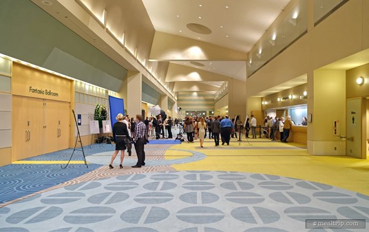 Looking west down the Fantasia Ballroom Lobby hallway. From this perspective, the doors to the main event space are on the left.