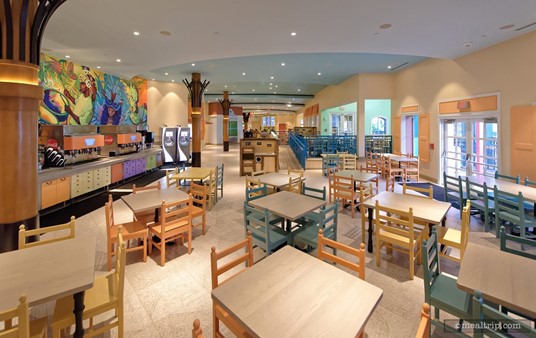 The dining area at Centertown Market is longer than it is wide. This angle offers a good view of the soda and beverage stations on the left-hand side.