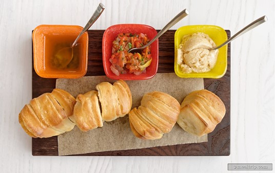 The Caribbean Pull-apart Rolls come with three accompaniments to sample, (from left to right), Jamaican Jerk Oil, Onion Jam, and Guava Butter.
