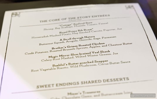 The main entrée section of the menu. (Late Fall 2018)