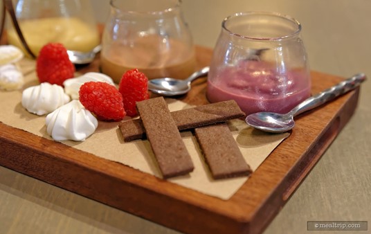 The chocolate shortbread cookies that are paired with the blackberry pudding are not super sweet. I would almost call them chocolate crackers, but they did pair well with the blackberry and the chocolate puddings.