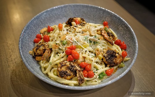 This is the Bucatini Pasta with Seasonal Market Vegetables. There's an option for adding chicken or shirmp to this lunch time only entree, this one has blackened shrimp.