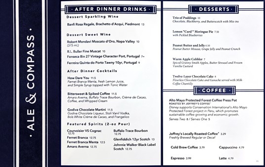 Dessert and Coffee menu at Ale and Compass (Winter 2018).
