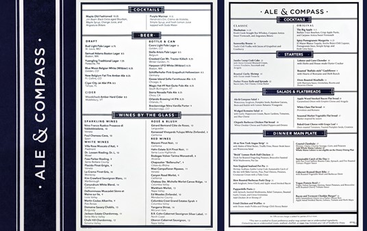 Ale and Compass Drinks and Dinner Menu (Winter 2018).