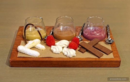 A Trio of Puddings from the Ale and Compass dinner menu. From left to right, Butterscotch, Chocolate, and Blackberry Pudding with Mix-ins.