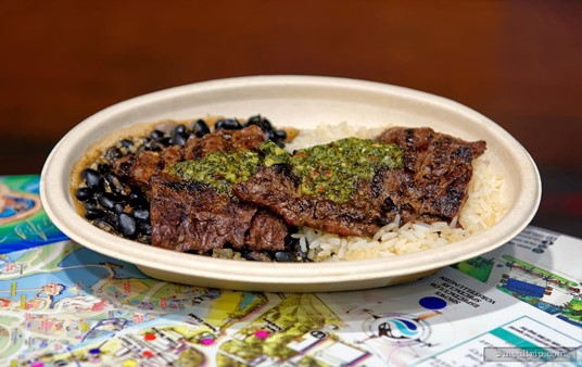 The Grilled Churrasco Steak entree from SeaWorld's Waterway Grill is $22 (price as posted early summer 2024).