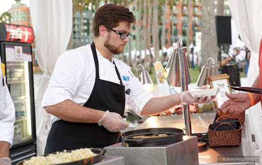 The food samples at the Food and Wine Classic are (more or less) made and plated to order at each station. The only exception would be in cases where the dish required an oven or refrigeration unit that would be too large to relocate outside.