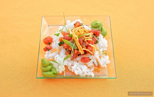 “Tuna Poke”, Hawaiian Yellowfin Tuna, Koho Sushi Rice, Avocado Relish, Crispy Fried Wonton from The Pig & The Poke (2021).
