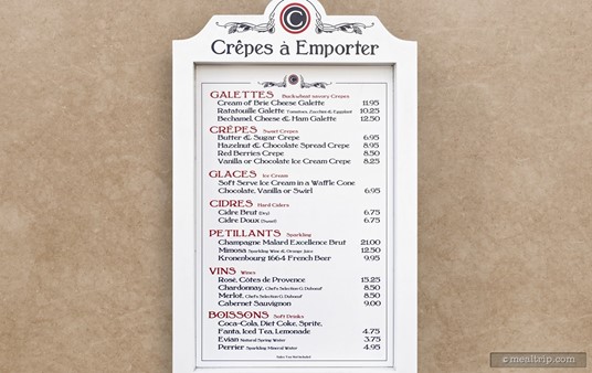 Here's the Crêpes À Emporter menu. (Taken in the summer of 2023.) I don't anticipate the menu changing much, but the prices will continue to get nudged up every six months or so.