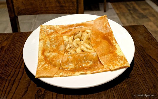 The dessert crepes at la Crperie de Paris all make use of traditional flour in the crepe batter. Pictured here is the "Banane Crepe" that combines caramel beurre salé with bananas.