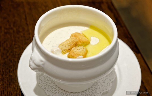 This is one of the "soup of the day" selections. Actually, there's only one soup available on any given day, so it's more like the "take it or leave it soup today". Fortunately, it was really great. This is a chilled Cauliflower Soup with Olive Oil.