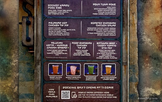 Here's a closer look at the menu board that's attached to the exterior of the Docking Bay 7 building. It shows some of the cocktails and has descriptions of the menu items, but no prices.