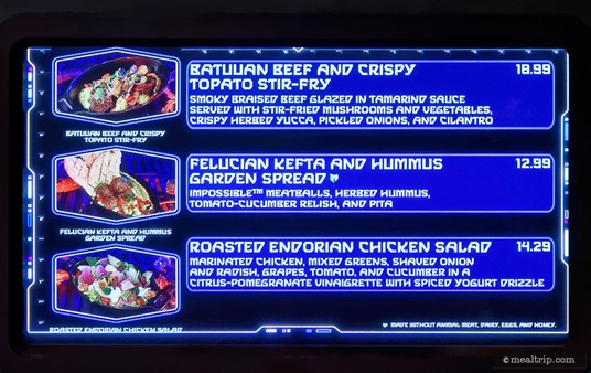 There's two menu boards with prices over the food pick-up area at Docking Bay 7 Cargo and Food.