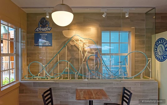 There are two working, miniature versions of SeaWorld's coasters in the Coaster Coffee Company shop. This is the Kraken.