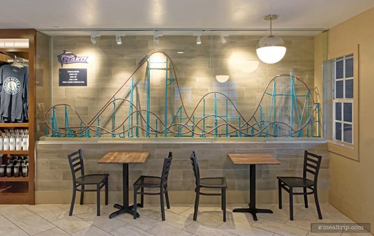 SeaWorld's Mako coaster track is recreated in miniature form (complete with a little ride vehicle that actually makes it's way around the track), located inside the Coaster Coffee Company shop.