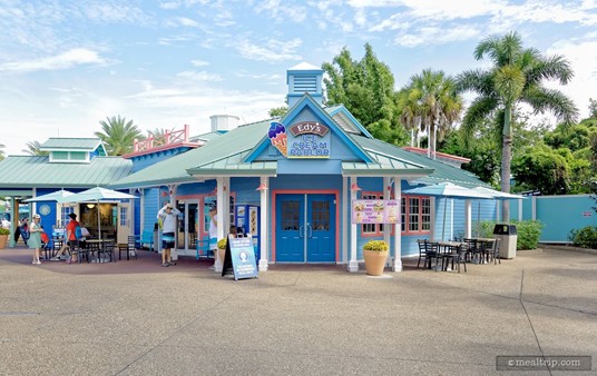 A wider photo of Edy's Ice Cream Parlor reveals the limited seating to the right and left of the location. There is some additional seating on the far other side of the building — but you'll have to walk your ice cream through the Coaster Coffee Company to get there.