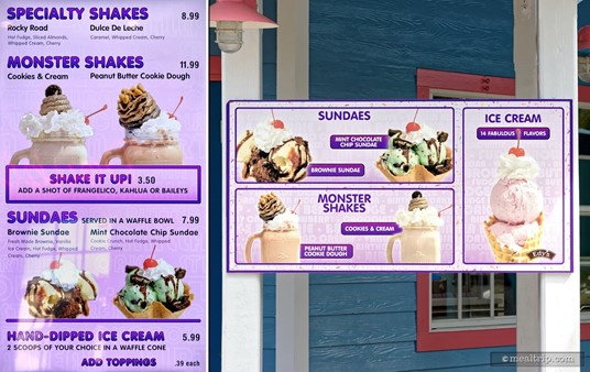 The menu board with prices from Edy's Ice Cream Parlor at SeaWorld.