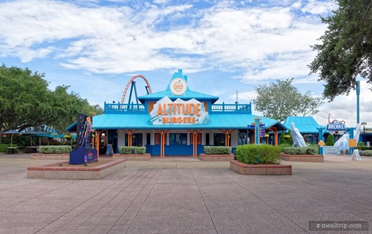 A wider photo shows how close the "Ice Breaker" coaster entrance is to Altitude Burgers... it's just off to the right of the counter service location.