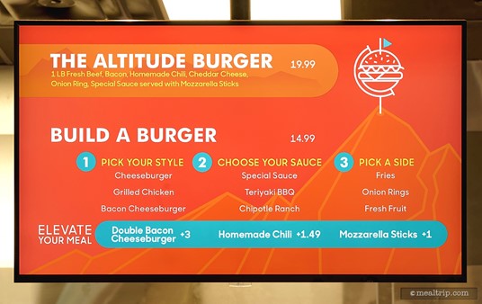 The digital menu with prices at Altitude Burgers. (Photo 2021)