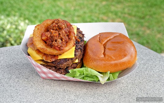 The Altitude Burger combines 1 pound of beef, bacon, homemade chili, cheddar cheese onion rings and a special sauce.