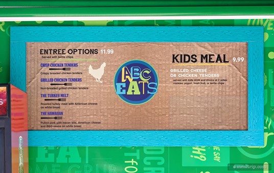 The "ABC Eats" food truck menu from the Sesame Street Food Trucks area. (Photo, late fall 2021.)