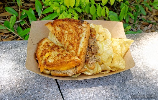 Some grilled cheese purists might dissmiss this sandwich as not being a pure-bread grilled cheese... and that might be so... but there's not so much pulled pork and bacon on there to call it a "pork sandwich with cheese" — so I think it's named correctly.