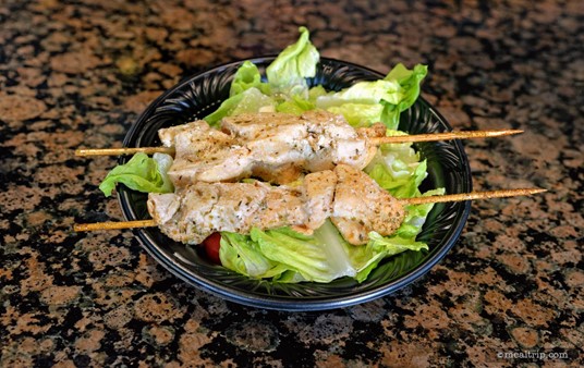 This is the Greek Salad Kabob with Grilled Chicken from the Lakeside Grill at SeaWorld. (Photo taken 2022.)