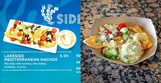 Here's a comparison photo of the Lakeside Mediterranean Nachos that are on the menu board (left), and then the dish you actually get (on the right). Counting the tomatoes and olives, it's about 1/3rd the size of what's pictured. (Photo taken 2022.)