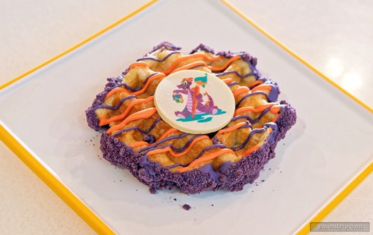 This is a special festival-only Liège Waffle from Epcot's Connections Eatery. It's called "Figment’s Liege Waffle".