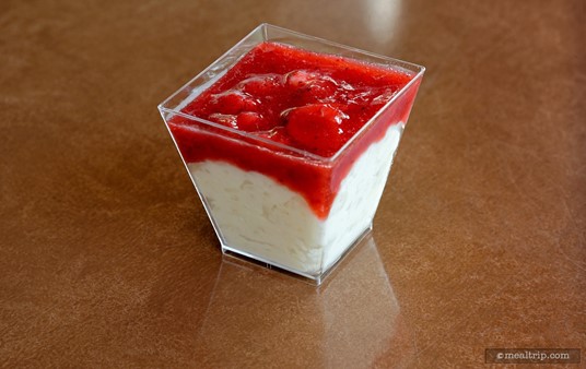 The bakery in Epcot's Norway pavilion offers a Rice Cream Pudding topped with Strawberry Sauce.