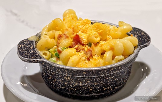 The Loaded Mac & Cheese is about a metric cup in size, and served in a plastic ramekin, that's sort of supposed to look like a cast iron dish.