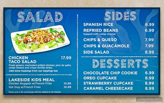 Menu Board from Lakeside Grill Cantina at SeaWorld, Orlando. (Photo taken summer 2024). Salad, sides, and desserts.