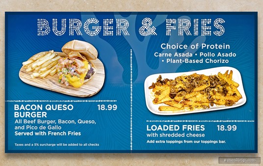 Menu Board from Lakeside Grill Cantina at SeaWorld, Orlando. (Photo taken summer 2024). Burger and Loaded Fries.