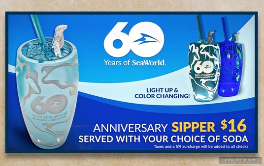 SeaWorld 60th Annuversary Sipper cups are available at the Lakeside Grill Cantina. Menu Board from Lakeside Grill Cantina at SeaWorld, Orlando. (Photo taken summer 2024).