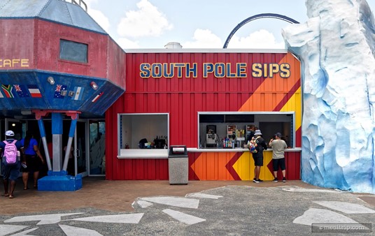 South Pole Sips is basically a walk-up beverage counter... that serves "adult beverages"... like frozen daiquiris and frozen pina coladas, along with a couple beer and wine selections. It's located on the right-hand side of the Expedition Cafe main entrance.