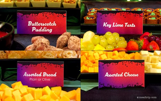 In addition to the main dessert items, there were assorted cruncy bread pieces and various assorted cheeses on the buffet as well. The cheese was all in "cube" form.