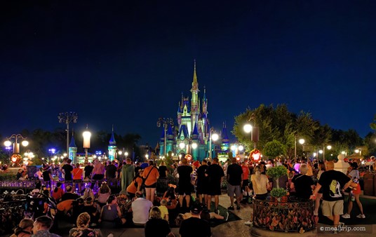 Some guests are sitting on the ground in this photo of the  Plaza Garden Viewing area at Disney's Not-So-Spooky Spectacular Dessert Party — but most everyone stands up once the show begins.