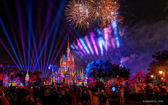 I wasn't really trying to go for some of those "beauty" fireworks photos here — these are more for showing what the viewing is like in the  "Plaza Garden Viewing" area, which is available only to guests that attended the  Not-So-Spooky Spectacular Dessert Party.