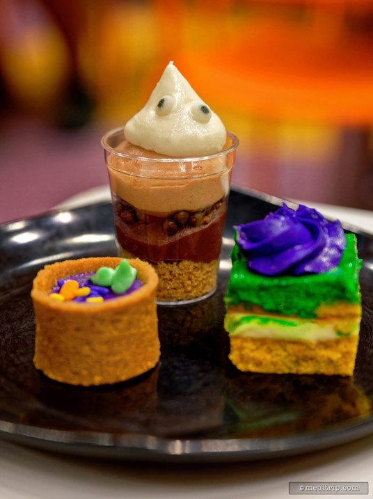 Here's a trio of desserts from Disney's Not-So-Spooky Spectacular Dessert Party. The desserts are all-you-care-to-enjoy for the duration of the dessert party (i.e. you can eat as many as you want).