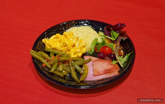 Here's a sample plate from the buffet line on one side of the pavilion. All of these elements were close to each other — so I figured they intended for them to all be eaten together.