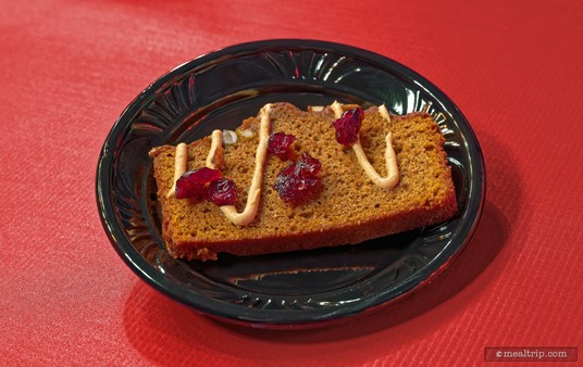 The Pumpkin Loaf dessert item combined a moist loaf style cake with vanilla drizzle a couple of crumble type of nuts and grains that had been sprinkled on top and some sweet dried cranberries.