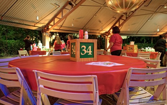 All the tables have number blocks on them. Your party is assigned a specific table number when you check in. Some tables have coloring pages with crayons on them, some do not.