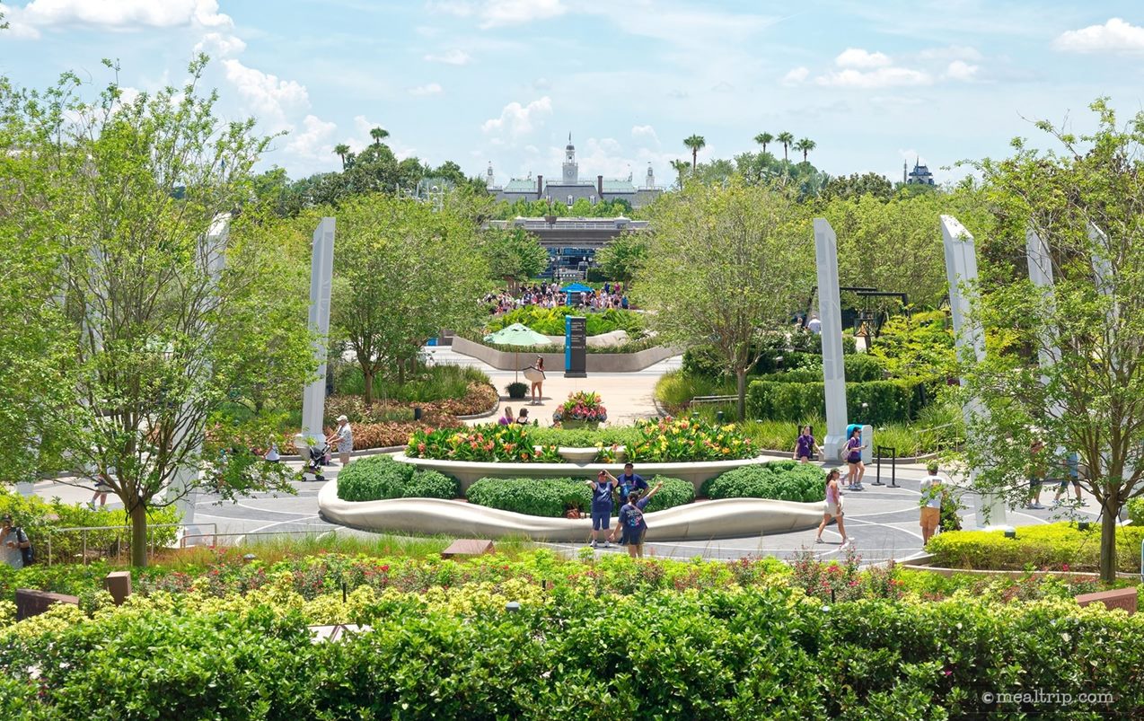 Way off in the background, you can see the top of the American Adventure building... which is clear on the other side of the World Showcase Lagoon. Most of the fireworks at Epcot are launched from the center of the lagoon.