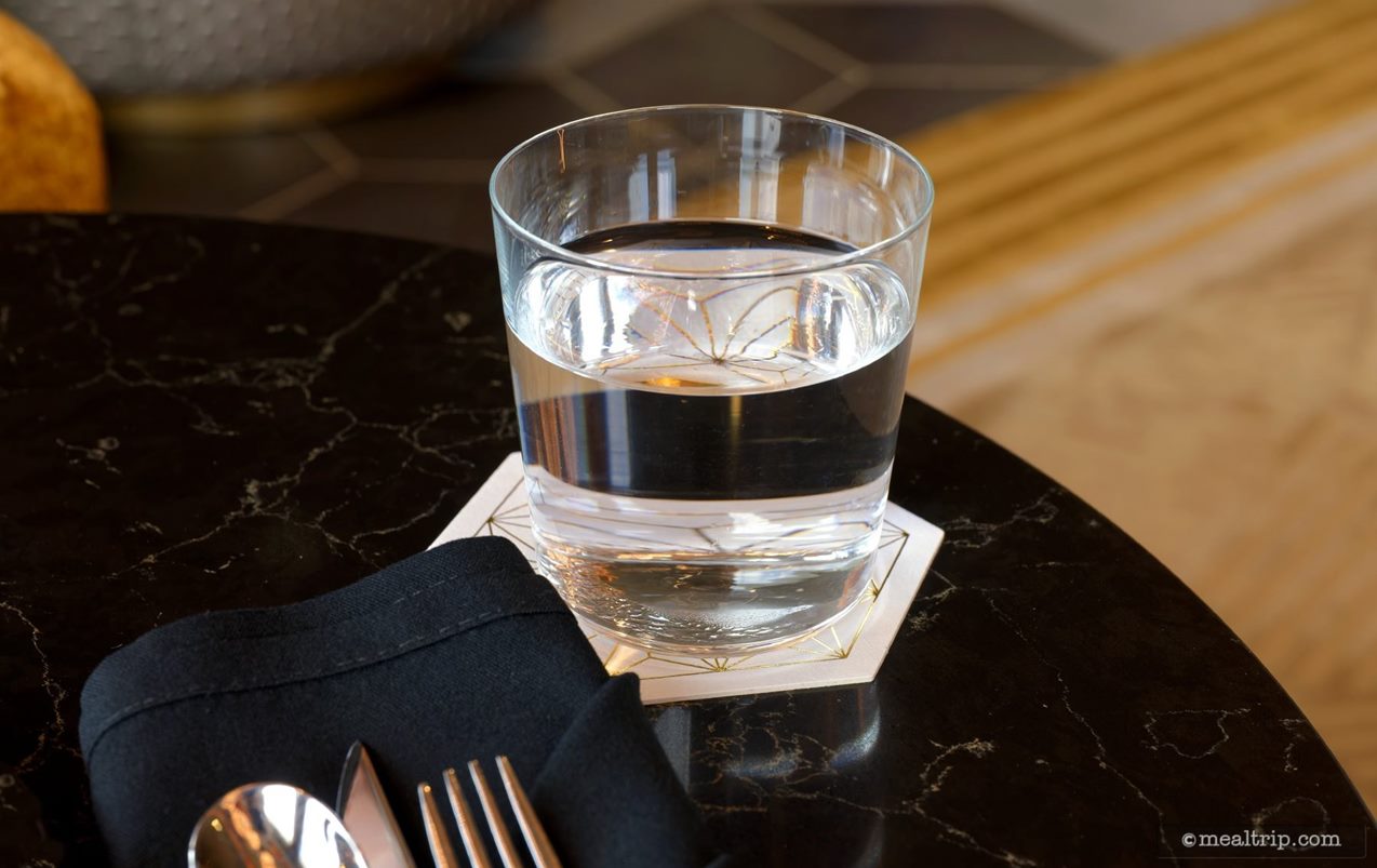 Our waiter asked if we wanted water and we said "yes, please". Here's what the complimentary water looks like.