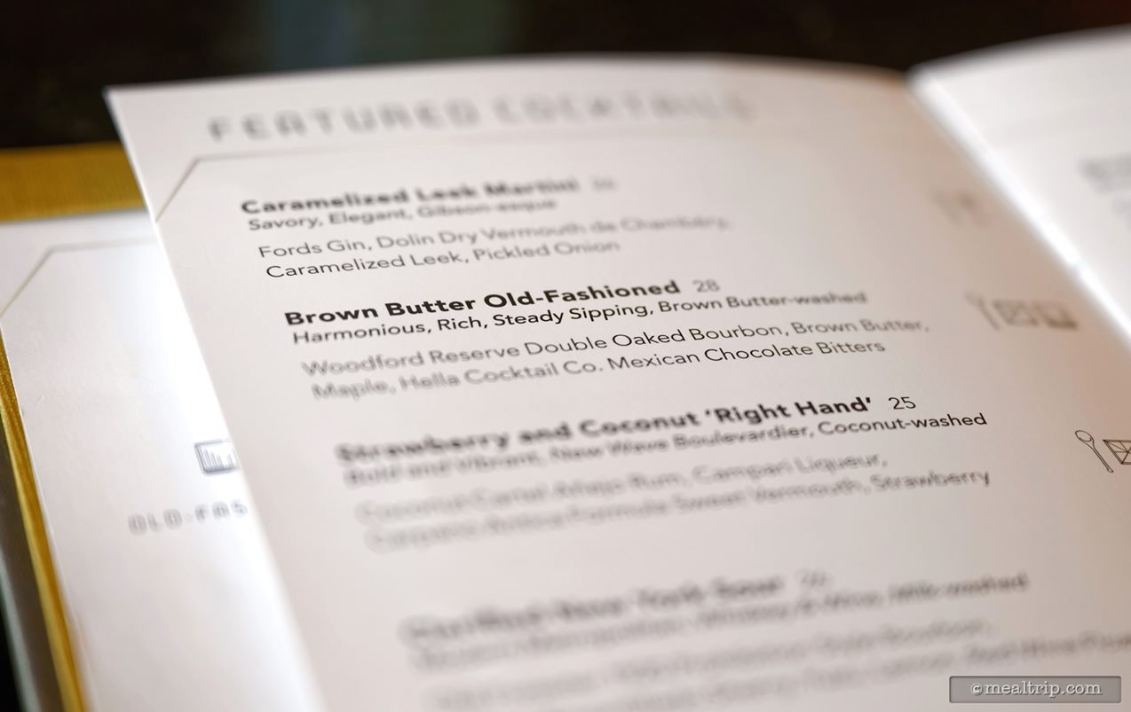 All the cocktails and small bites are listed in the Geo-82 menu, along with some mixology notes and icons.