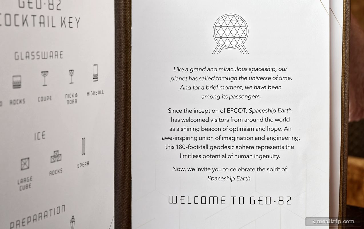Across from the cocktail mixology icons, there's a page in the menu that mentions Spaceship Earth – one of the few nods to the nearby Spaceship Earth attraction that we found at Geo-82.