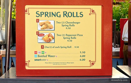 The menu at the Spring Rolls Cart is posted in front of each register. (Photo posted summer 2025.)