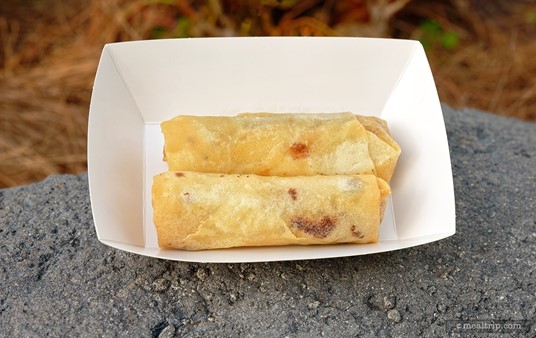 The Spring Rolls from the Magic Kingdom Spring Roll cart are served in a paper container. Don't forget to pickup a napkin or two before you leave the area.