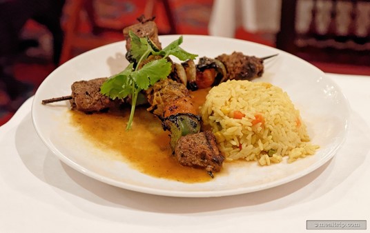 The Shish Kebab at Restaurant Marrakesh is grilled beef with mixed vegetables and yellow rice.