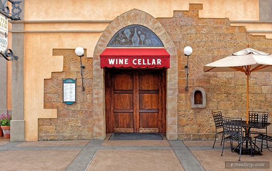 Inside these doors are over 200 bottles of Italian wines. This is the main entrance to the Tutto Gusto Wine Cellar in Epcot's Italy Pavilion.